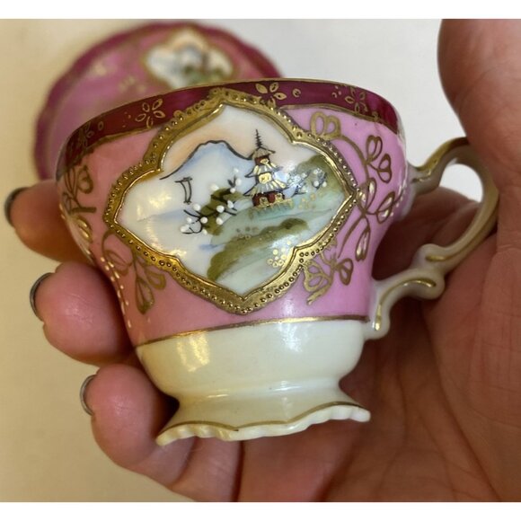Vtg Craftsman China Hand Painted Cup and Saucer Set Japan 401 Fuji Pagoda Raised - Picture 7 of 12